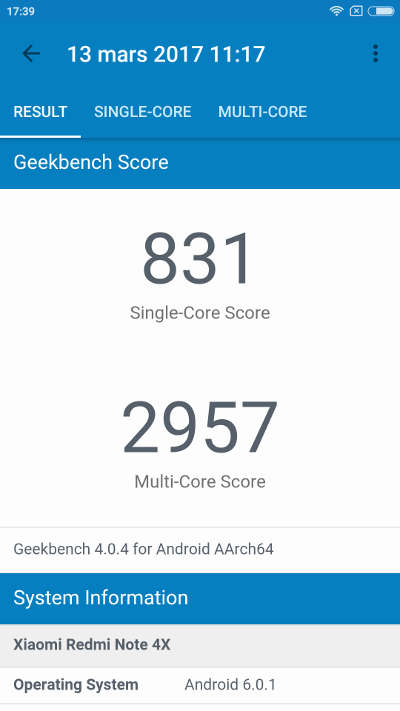 Benchmark Xiaomi Redmi Note 4X - Geekbench